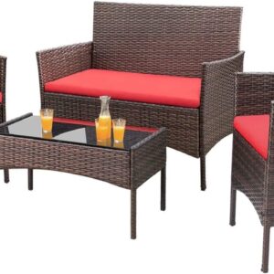 4 Pieces Patio Rattan Chair Wicker, Outdoor Indoor Use Backyard Porch Garden Poolside Balcony Furniture Sets (Red)