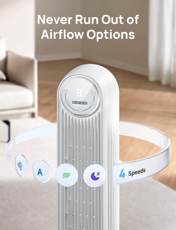 8c00e94740524b75966c392e2e317bb1 Dreo Tower Fan for Bedroom, 25ft/s Smart Standing Fans, 90° Oscillating Floor Fan with 4 Modes, 4 Speeds, 8H Timer, 28dB, Bladeless, Remote, 28 dB, Works with WiFi Voice Control