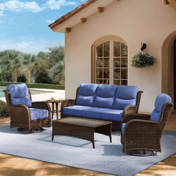 8c78f9dcce574ec8b4c756364c1becf9 Outdoor Swivel Rocker Patio Chairs with 6-Inch Thick Cushions and Side Table, 3PCS High Back Wicker Patio Furniture Set for Porch, Balcony, Deck and Yard in Blue