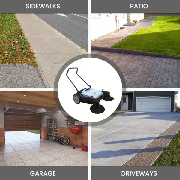 8ccc83bb6b1d487a953ffcd3c97b7cc3 Walk-Behind Outdoor Hand Push Floor Sweeper - 5.25 Gallon Capacity - 25.5" Sweeping Width - Sweeps up to 27,900 ft² / Hour, Grey