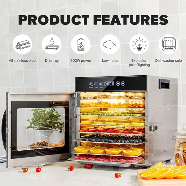8d58f86f9b2d4bcd928c73bb33e3a30f Tray Food Dehydrator, Steel Fruit Dry Machine with 30 90∼C Adjustable Thermostat, 24hr Digital Timer