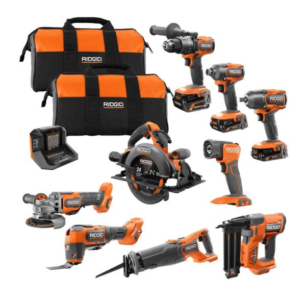 8daea6fe59094d6b86a6d79dd6e17b85 RIDGID 18V Brushless Cordless 9-Tool Combo Kit with (2) 2.0 Ah and (1) 4.0 Ah MAX Output Batteries, Charger, and Tool Bag R96265N