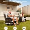 Outdoor Swivel Rocker Patio Chairs with 6-Inch Thick Cushions and Side Table, 3PCS High Back Wicker Patio Furniture Set for Porch, Balcony, Deck and Yard in Blue