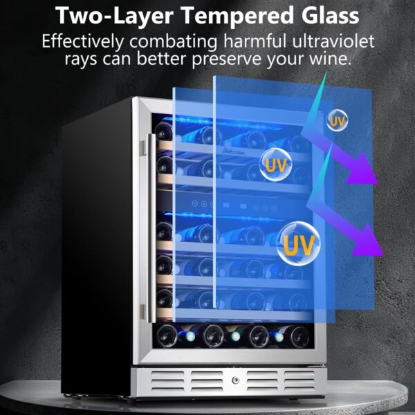 8de320b470c944aaaec394b54f81bc0b 24 inch Wine Cooler, 46 Bottle - Dual Zone Built-in or Freestanding Fridge with Stainless Steel Reversible Glass Door, for Home, Kitchen, or Office.