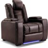 Power Home Theater Seating Set of 3, Brown Faux Leather Electric Recliner Chair with Powered Headrest, Dual Motors Movie Reclining Chairs with LED Lights,USB Port,Cup Holders, Hidden Arm Storage