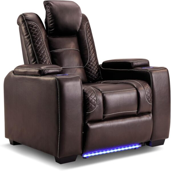 8e5240662a1d4658927748732ec73e82 Power Home Theater Seating Set of 3, Brown Faux Leather Electric Recliner Chair with Powered Headrest, Dual Motors Movie Reclining Chairs with LED Lights,USB Port,Cup Holders, Hidden Arm Storage