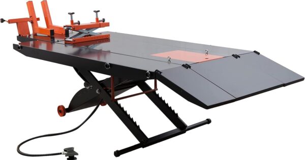 8ec4f64bc4224adba9490bd480a3b086 1500LB Air-Operated Motorcycle & ATV Lift Table – 48" Wide with Side Extensions, 2-Year Warranty