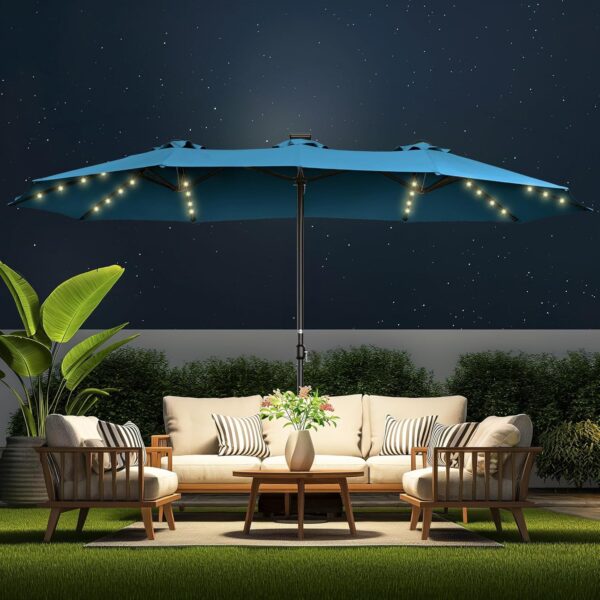 8f11c14eb431400286d5c7152d74d5ec Double Sided Patio Umbrellas - 15ft Solar Lights LED Lighted Outdoor Extra Large Market Table Umbrella with Base Included, Oversized Umbrella for Deck, Pool, Backyard (Beige)