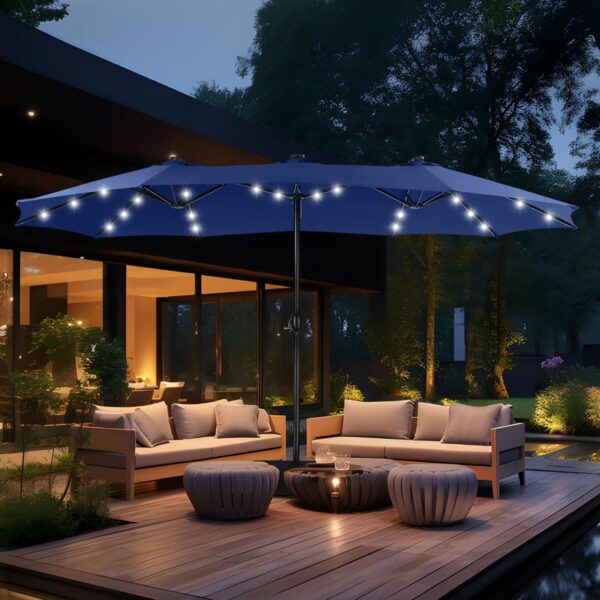 8f677d140dae4c3ab2ab521e83c31bcc 15ft Double Sided Patio Umbrella with Solar Lights, Outdoor Large Umbrellas with Crank Handle and 36 LED Lights, Rectangular Market Umbrella with Base Included for Deck Pool Shade