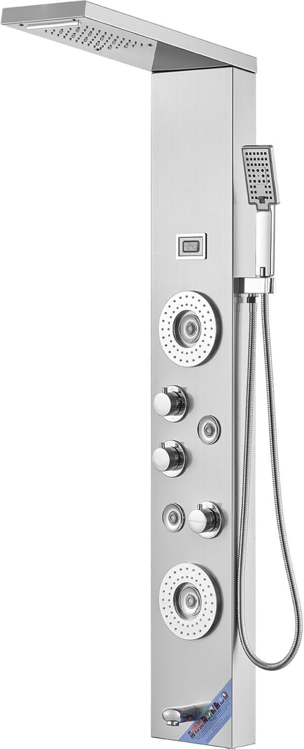 8fbc5be6251644ab8ffd109168ce731b Shower Panel System, 6 Shower Modes, LED & Display Shower Panel Tower, Rainfall, Waterfall, 4 Body Massage Jets, Tub Spout, Handheld Shower Head 59" Hose, Stainless Steel Wall-Mounted Shower Set