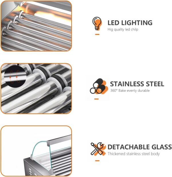 90a34d98ad9b4c69a13bcdc5b89f0d3e 1670W Commercial Hot Dog Rollers,11 Rollers 30 Hotdog Roller Grill,Stainless Steel Hot Dog Machine With Dust Cover,Hot Dog Roller Machine With Dual Temp Control And Led Light/Detachable Drip Tray