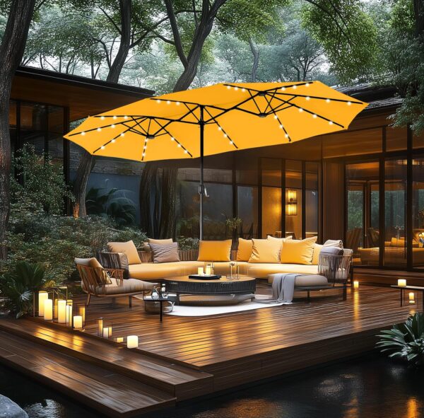 91761e9118c4459580dcad1fa0f2ed69 15ft Double Sided Patio Umbrella with Solar Lights, Outdoor Large Umbrellas with Crank Handle and 36 LED Lights, Rectangular Market Umbrella with Base Included for Deck Pool Shade