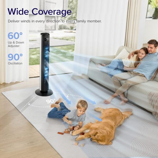 91a56ad6641a4e08b33d29f73a789f29 LEVOIT Tower Fan for Bedroom, Standing Fan that Blows Cold Air for Home, 28dB Quiet for Sleep, Remote, 90° Oscillation, 12H Timer, 25ft/s Velocity, 5 Speeds, 4 Modes, Bladeless 36 inch, White