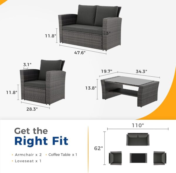 91e2b0ad9f634bfe9708c25bab179947 Wisteria Lane 4 Piece Outdoor Patio Furniture Sets, Wicker Conversation Set for Porch Deck, Grey Rattan Sofa Chair with Cushion (Blue