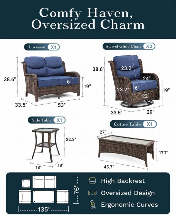 922d628e8a9a4bb79ad8b42e51ee0b99 Outdoor Swivel Rocker Patio Chairs with 6-Inch Thick Cushions and Side Table, 3PCS High Back Wicker Patio Furniture Set for Porch, Balcony, Deck and Yard in Blue