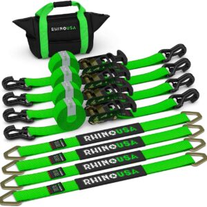 Car Tie Down Straps for Trailers with J Hooks (4-Pack) - 2 Inch x 8 Feet (10,000lb Break Strength) - Heavy Duty T-Handle Car Hauler Tire Straps for Trailer & UTV with Axle Straps - Black
