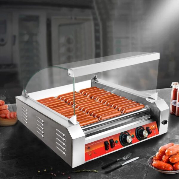 93a58bf04e294643b59d6a1cdaeac0b9 1670W Commercial Hot Dog Rollers,11 Rollers 30 Hotdog Roller Grill,Stainless Steel Hot Dog Machine With Dust Cover,Hot Dog Roller Machine With Dual Temp Control And Led Light/Detachable Drip Tray