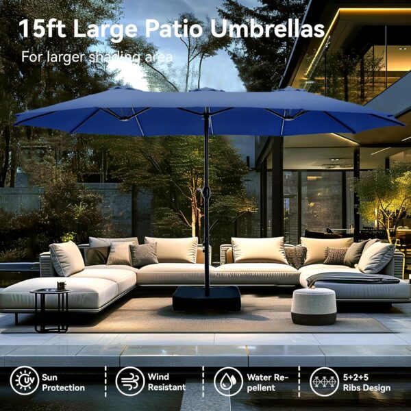 93adfe66bb904c98b6ee49d3cad97dae 15ft Patio Umbrella Double-Sided Outdoor Market Extra Large Umbrella with Crank, Umbrella Base Included (Dark Red)