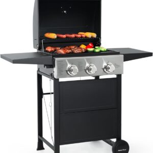 Burner BBQ Propane Gas Grill, Stainless Steel 30,000 BTU Patio Garden Barbecue Grill with Two Foldable Shelves