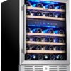 24 inch Wine Cooler, 46 Bottle - Dual Zone Built-in or Freestanding Fridge with Stainless Steel Reversible Glass Door, for Home, Kitchen, or Office.