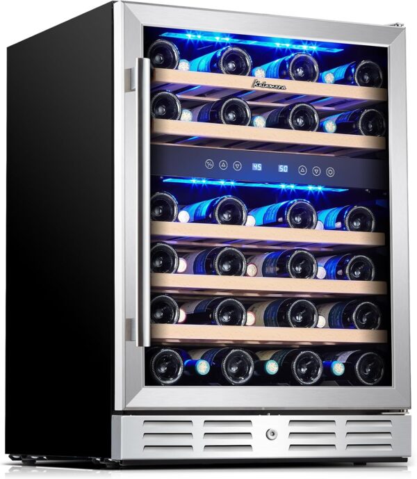 93f2868f44bc439591f08a676f820628 24 inch Wine Cooler, 46 Bottle - Dual Zone Built-in or Freestanding Fridge with Stainless Steel Reversible Glass Door, for Home, Kitchen, or Office.