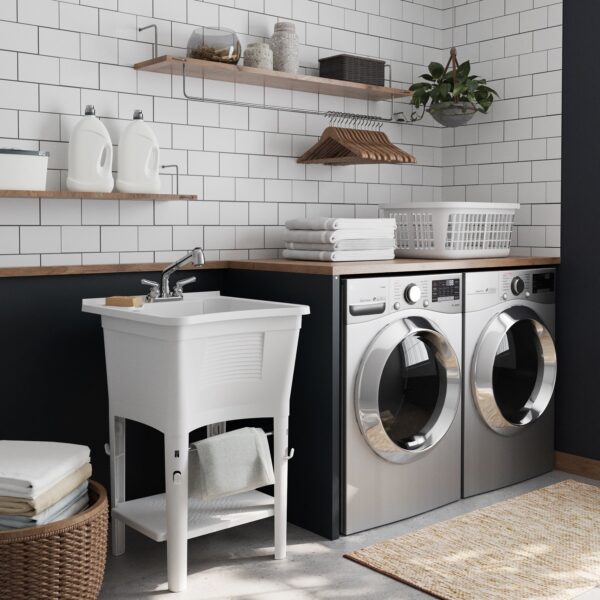 95992a2c10fe48cc942c51ee4f35ab0b Zenna Home Ergo Tub Utility Sink with Pull-Out Faucet: Laundry Tub with 24" W x 24" H Sink, in White