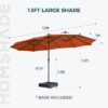 Double Sided Patio Umbrellas - 15ft Solar Lights LED Lighted Outdoor Extra Large Market Table Umbrella with Base Included, Oversized Umbrella for Deck, Pool, Backyard (Beige)