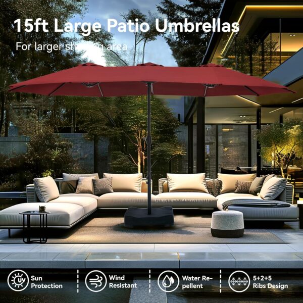 95e23cee55f14aadb2917e5a3ba27b19 15ft Patio Umbrella Double-Sided Outdoor Market Extra Large Umbrella with Crank, Umbrella Base Included (Dark Red)