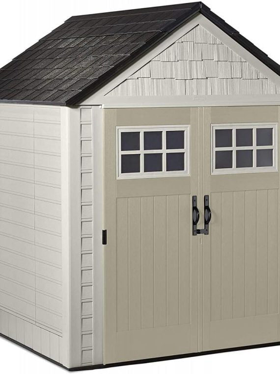 964d0b3541f04f34aebfdf3d7362a56a Rubbermaid 7×7 Ft Durable Weather Resistant Resin Outdoor Garden Storage Shed with Windows and Utility Hooks, Sand