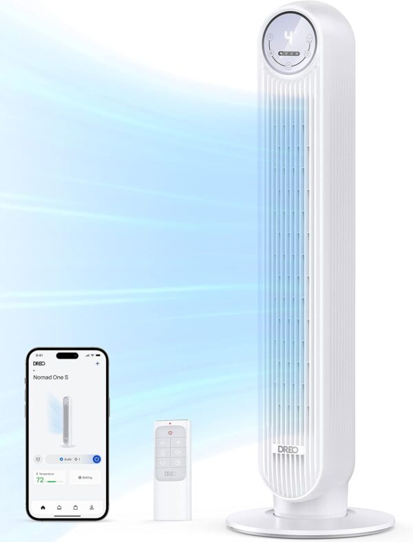 9651ab27c14247848554ead342c93505 Dreo Tower Fan for Bedroom, 25ft/s Smart Standing Fans, 90° Oscillating Floor Fan with 4 Modes, 4 Speeds, 8H Timer, 28dB, Bladeless, Remote, 28 dB, Works with WiFi Voice Control