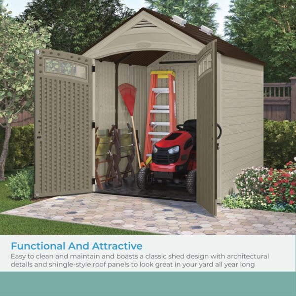 96658d67e80d4cf19de448f297fd4e67 Suncast Vista 7x7 Storage Shed with Multi-Wall Resin Panels, 4 Skylights, IllumiVent System, and Pad-Lockable Doors, 84" D x 84" W x 98" H, Made in The USA