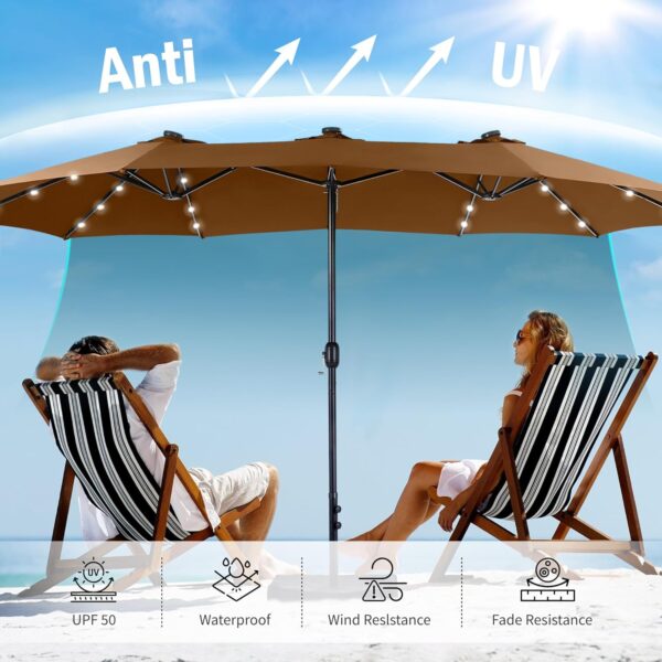 968b18d4178e4cb8a9f77d0bacf121e8 15ft Double Sided Patio Umbrella with Solar Lights, Outdoor Large Umbrellas with Crank Handle and 36 LED Lights, Rectangular Market Umbrella with Base Included for Deck Pool Shade