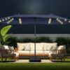 Double Sided Patio Umbrellas - 15ft Solar Lights LED Lighted Outdoor Extra Large Market Table Umbrella with Base Included, Oversized Umbrella for Deck, Pool, Backyard (Beige)