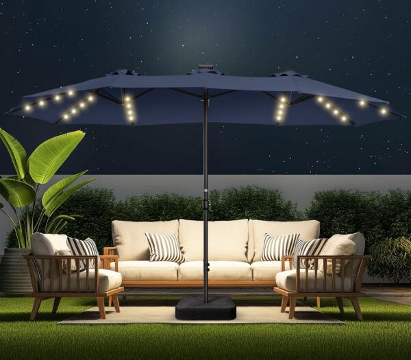 970624e4f6a04e5b9aa281ea165cfcc5 Double Sided Patio Umbrellas - 15ft Solar Lights LED Lighted Outdoor Extra Large Market Table Umbrella with Base Included, Oversized Umbrella for Deck, Pool, Backyard (Beige)