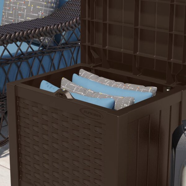 Suncast 22 Gallon Outdoor Resin Wicker Deck Storage Box with Seat, Java Brown