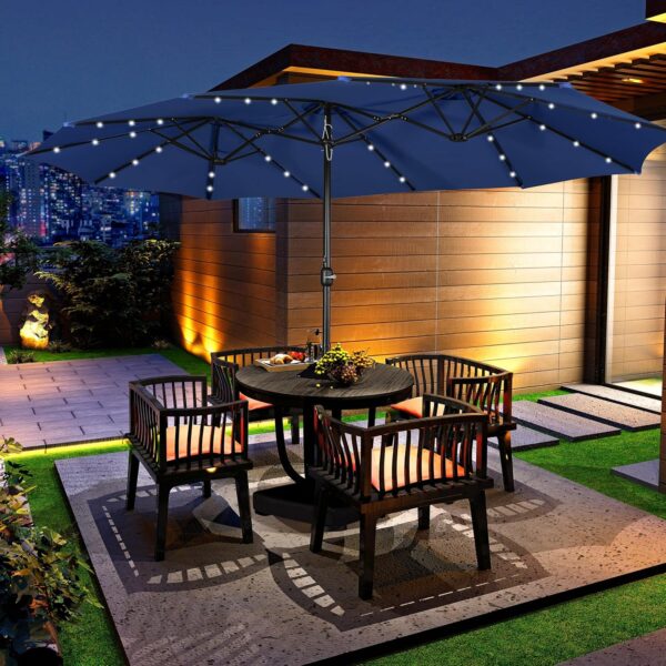 98dcd1958ace453ab7ce1feb0e170385 15 ft Large Patio Umbrella with Solar Lights Double-Sided Outdoor Rectangle Market Umbrellas with 36 LED Lights/Base Included/Easy Crank for Patio Garden Yard Pool Lawn, Brown