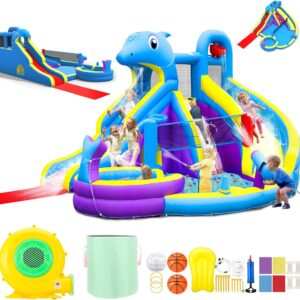 11-in-1 Inflatable Water Slide & Dolphin Bounce House w/2 Long Slides, 19.7 Ft x 13.1 Ft Extra Large Waterslide Climbing Wall w/Small Deeper Pool,Water Cannons,Hoop for Kids Backyard,550W Blower