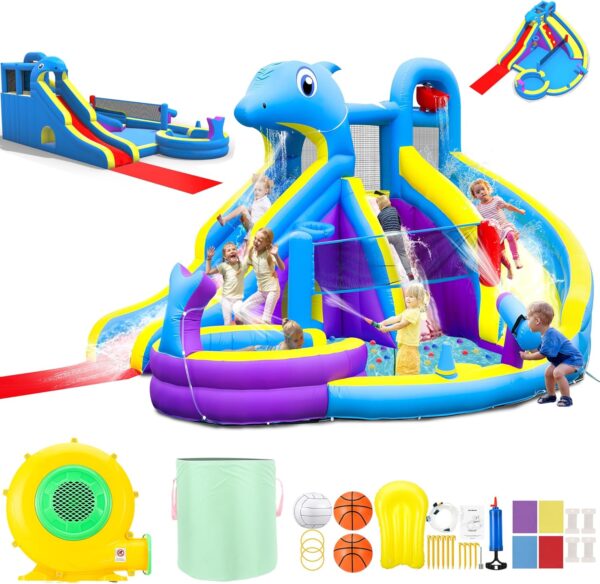 992a9afc932743789e590091ded9970d 11-in-1 Inflatable Water Slide & Dolphin Bounce House w/2 Long Slides, 19.7 Ft x 13.1 Ft Extra Large Waterslide Climbing Wall w/Small Deeper Pool,Water Cannons,Hoop for Kids Backyard,550W Blower