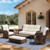 Outdoor Swivel Rocker Patio Chairs with 6-Inch Thick Cushions and Side Table, 3PCS High Back Wicker Patio Furniture Set for Porch, Balcony, Deck and Yard in Blue