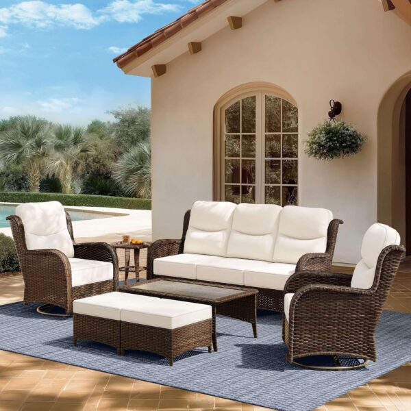 998a1b39ff504cef8ffff97060f7eefc Outdoor Swivel Rocker Patio Chairs with 6-Inch Thick Cushions and Side Table, 3PCS High Back Wicker Patio Furniture Set for Porch, Balcony, Deck and Yard in Blue