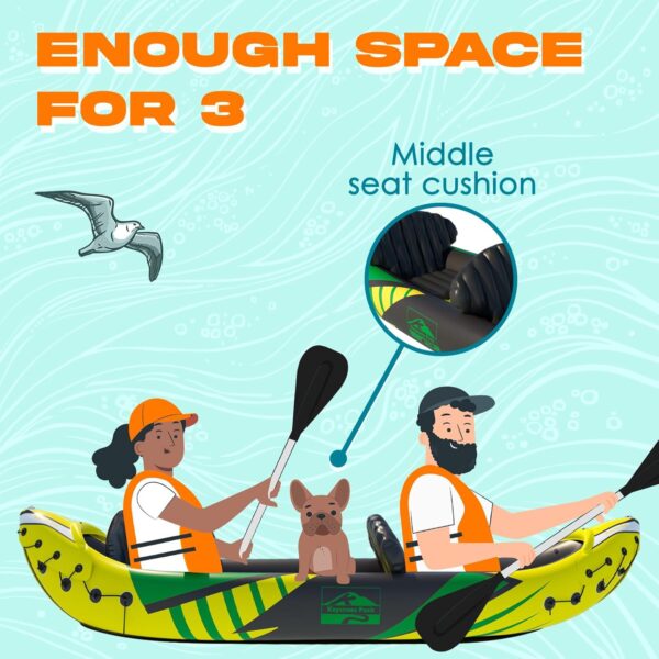 99b16d03773b49f6b7c2e3eb5113e42b KP Inflatable Kayak 2 Person with Sun Canopy (Detachable) + Kayaks for Adults + 3rd Seat for Dog/Child + Waterproof Phone Bags + Adjustable Seats + Kayak + Backrests & More + New 2024 + Yellow Green