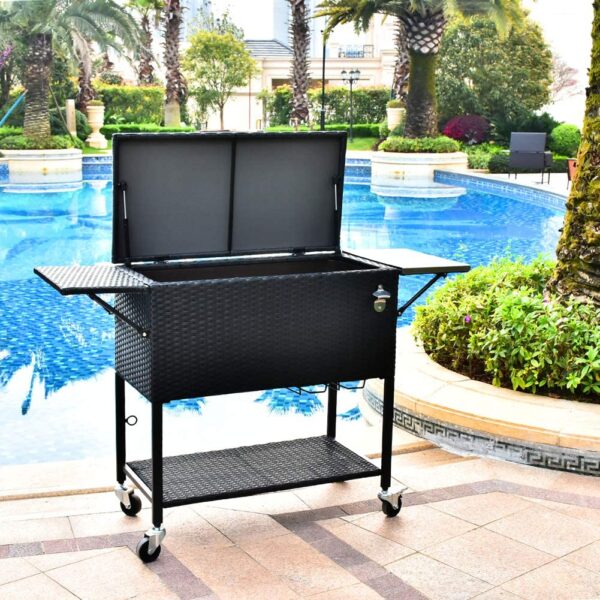 99cb828f82de440cafa453779043e94d 80 Quart Rattan Rolling Cooler Cart, Portable Wicker Cooler Trolley, Backyard Party Drink Beverage Bar