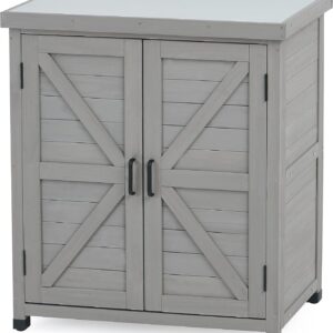 Potting Bench with Storage Cabinet and Metal Table Top for Outdoor Patio, Garden Furniture Wood Workstation