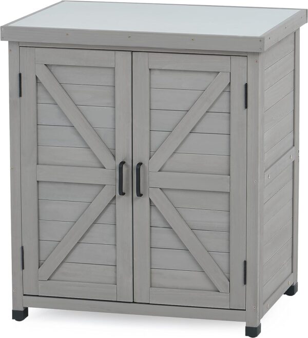 9a6c316bf1d34e68a7d5d7efc66c9fea Potting Bench with Storage Cabinet and Metal Table Top for Outdoor Patio, Garden Furniture Wood Workstation