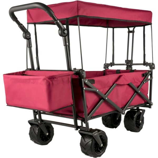9b39b85b8ea0459c987fd5aa74922ae8 Red Collapsible Wagon Cart with Canopy, 360° Wheels, Adjustable Handles, 220 lbs Capacity for Beach & Garden