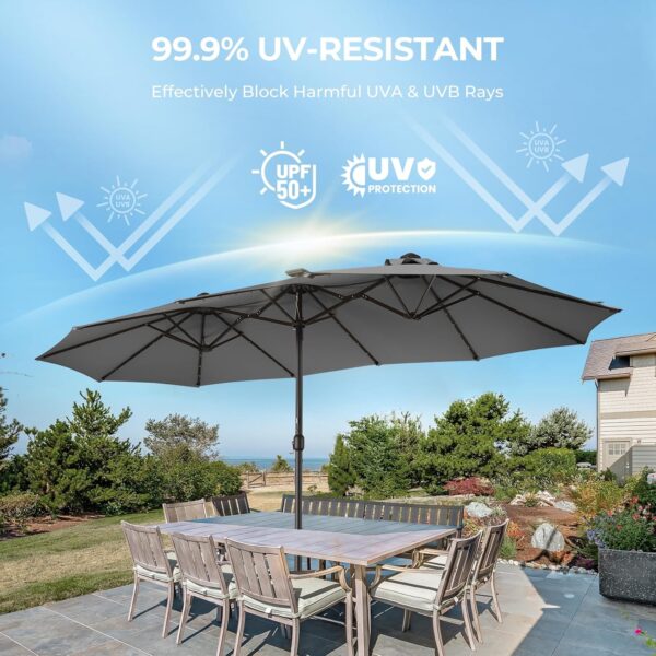 9b865058fcb14bde9c1f844e28914b6e Double Sided Patio Umbrellas - 15ft Solar Lights LED Lighted Outdoor Extra Large Market Table Umbrella with Base Included, Oversized Umbrella for Deck, Pool, Backyard (Beige)