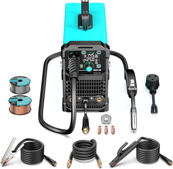 9bae5fb7ac6f4082bce69cde66a4f622 145A MIG Welder, 110V/220V Dual Voltage Gas/Gasless Flux Core MIG Welder/Lift TIG/Stick 3 in 1 Synergic MIG145 9GEN Welding Machine, Flux/Solid Welder Digital Screen Display