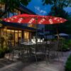 15 ft Large Patio Umbrella with Solar Lights Double-Sided Outdoor Rectangle Market Umbrellas with 36 LED Lights/Base Included/Easy Crank for Patio Garden Yard Pool Lawn, Brown