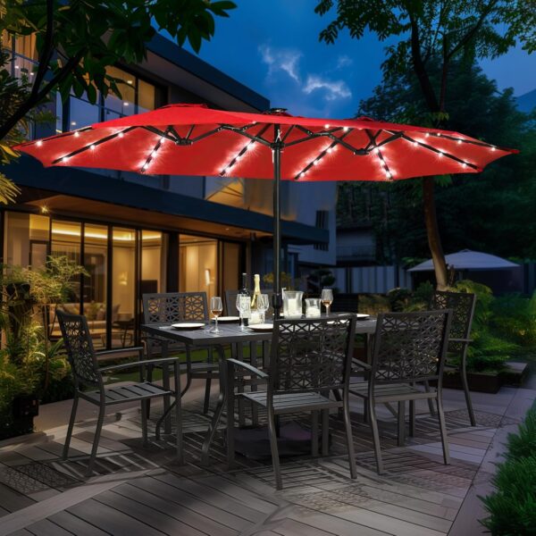 9bae8805119f47fe959333d82f7bfe28 15 ft Large Patio Umbrella with Solar Lights Double-Sided Outdoor Rectangle Market Umbrellas with 36 LED Lights/Base Included/Easy Crank for Patio Garden Yard Pool Lawn, Brown