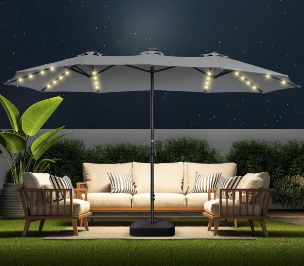 9bf4eba9a91148429a200332702a36a0 Double Sided Patio Umbrellas - 15ft Solar Lights LED Lighted Outdoor Extra Large Market Table Umbrella with Base Included, Oversized Umbrella for Deck, Pool, Backyard (Beige)